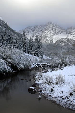 maroon bells with snow photograph