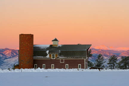 sedalia co red barn and snow at sunrise